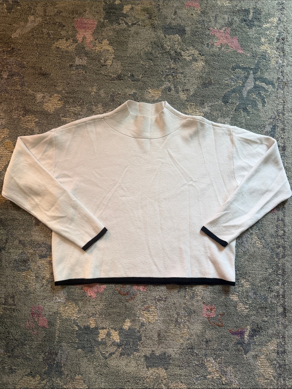 Anthropologie White Mock Neck Sweater with Black Trim